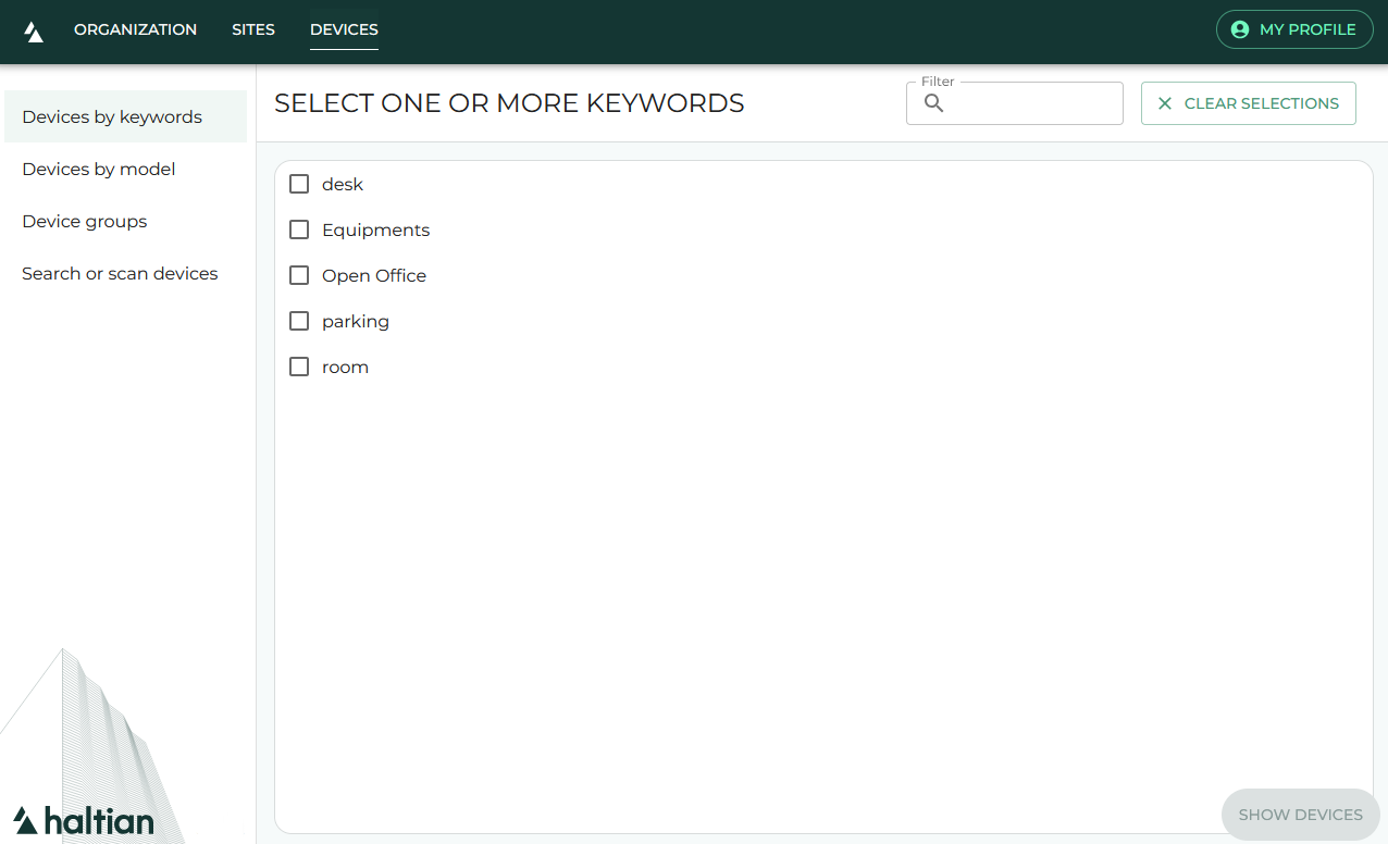 Devices by keywords view