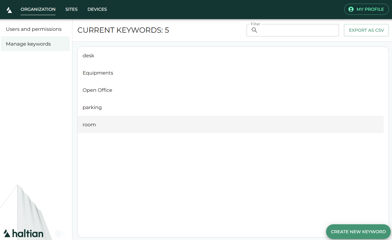 Manage keywords view