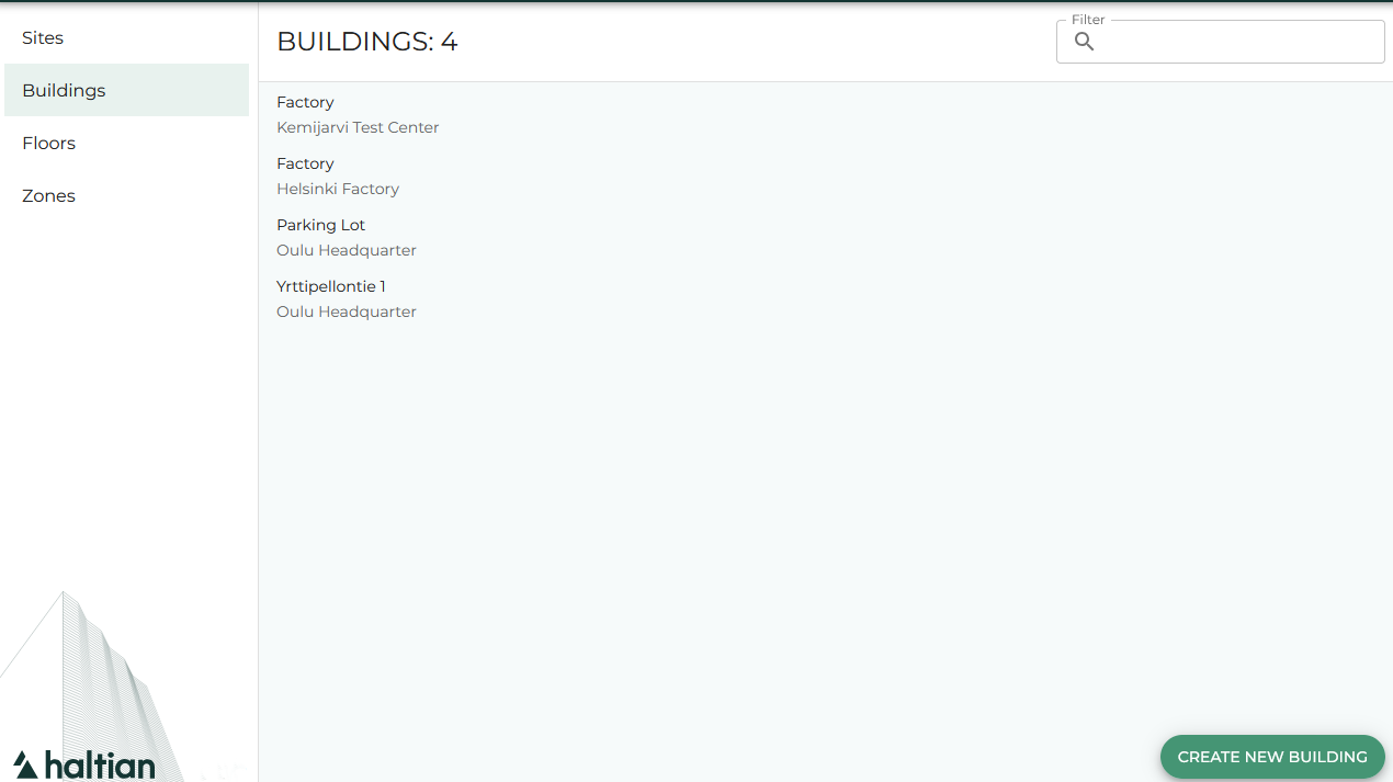 Buildings list view