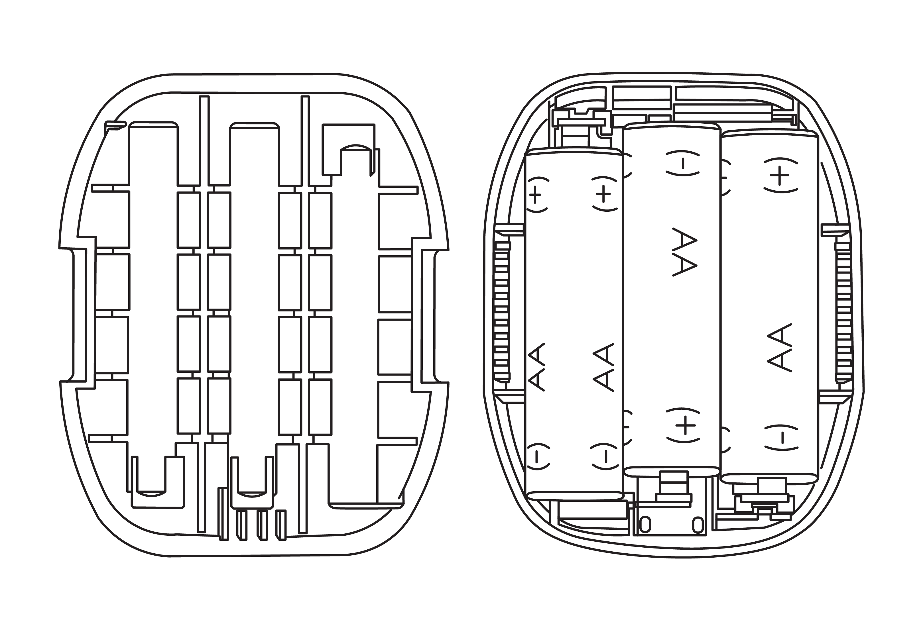 Battery compartment showing 3× AA batteries with correct polarity