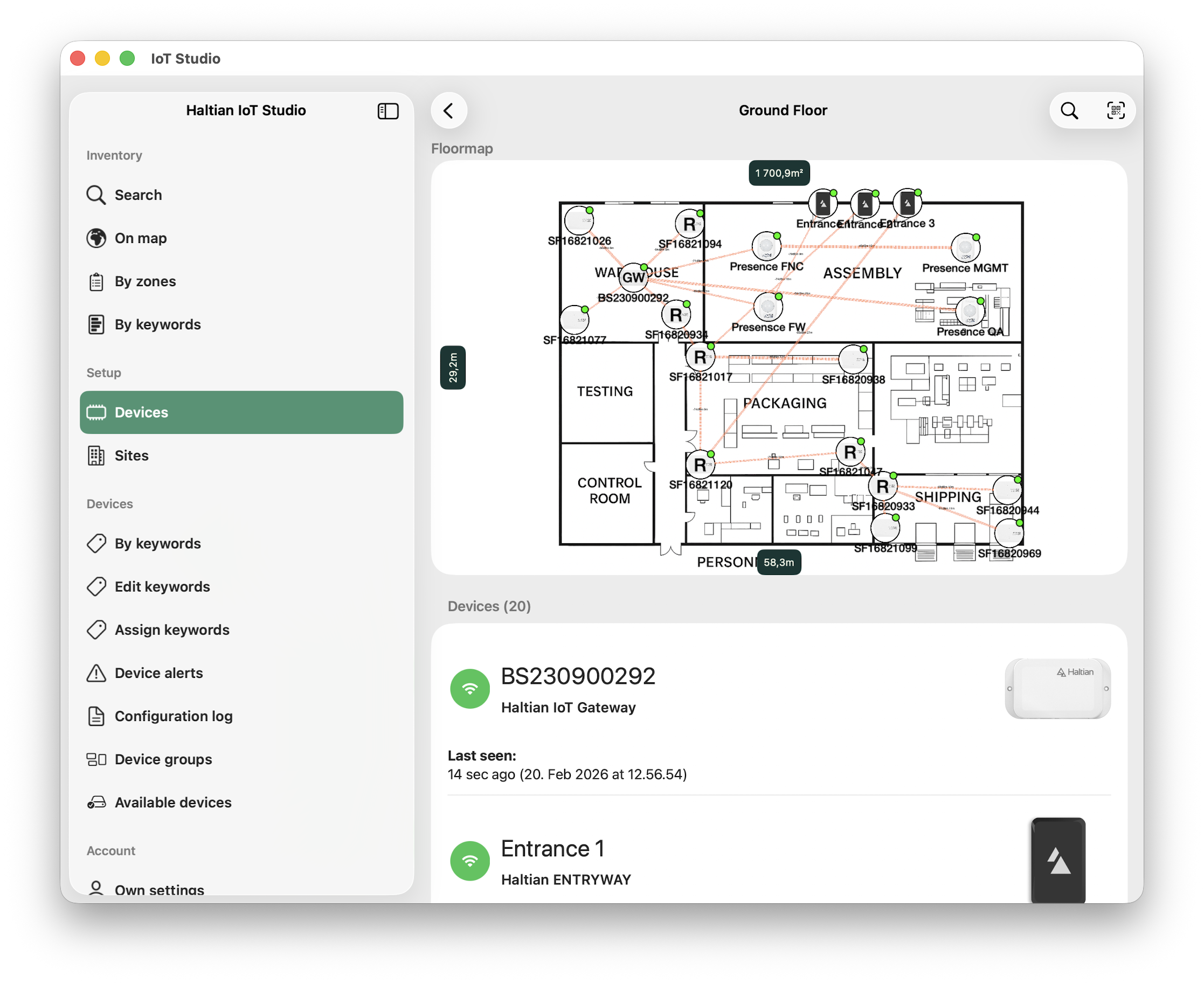 IoT Studio map view showing sensor mesh topology
